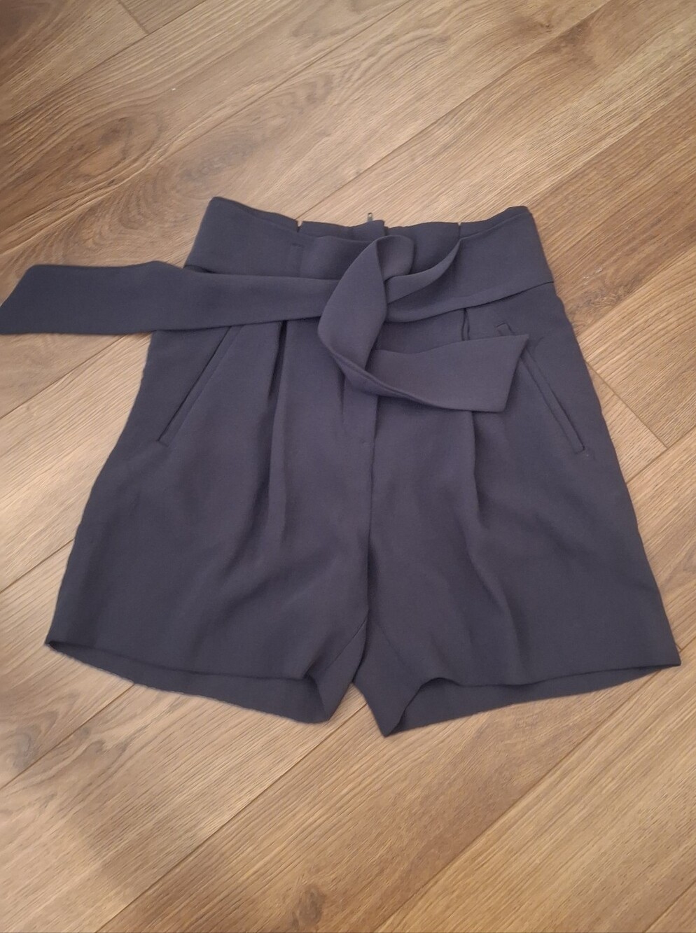 H&M Navy High-Waist Tie-Belt Shorts